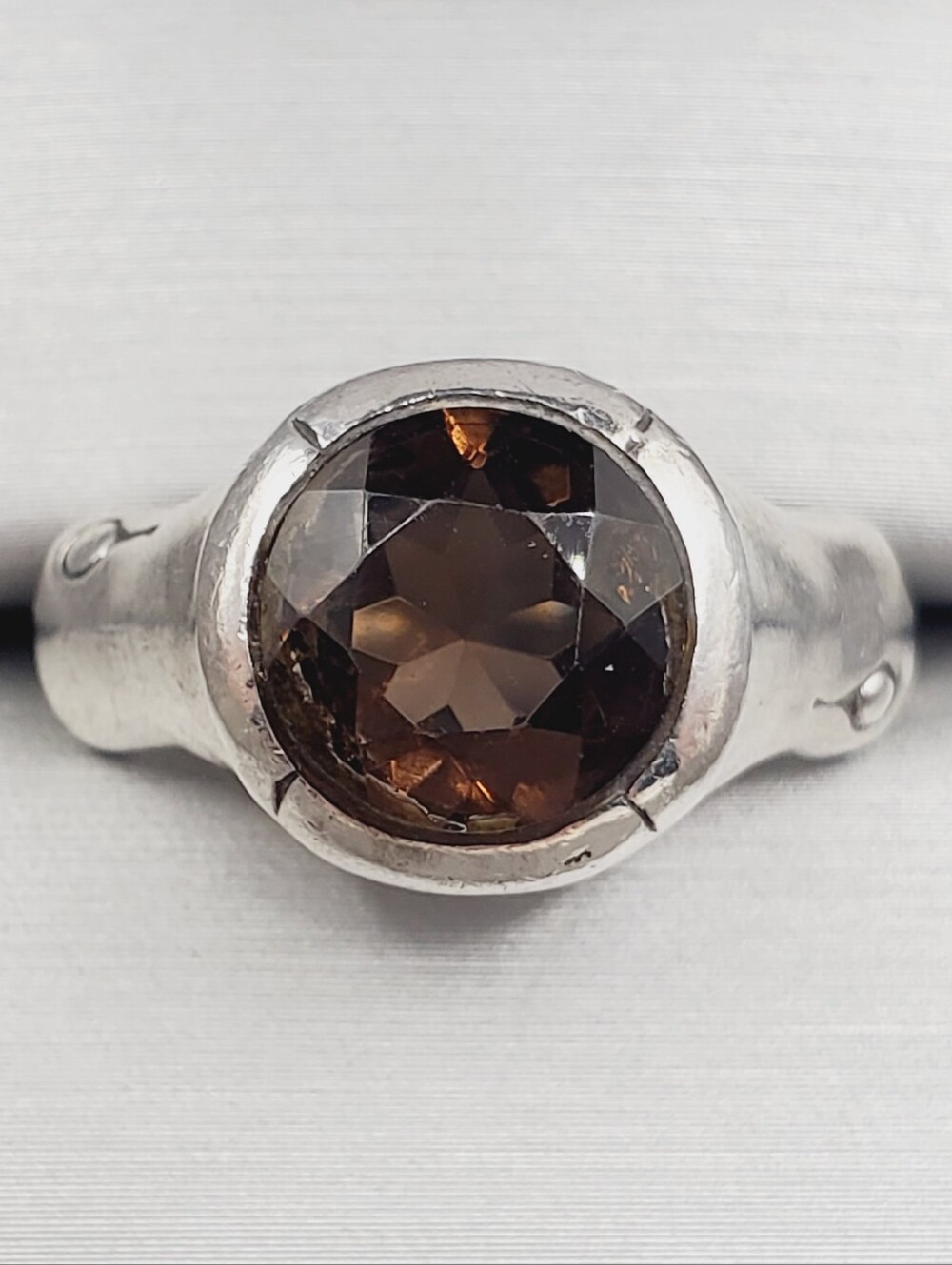 925 Sterling Silver Bezel Set Round Smoky Brown Quartz Gemstone Artisan Ring